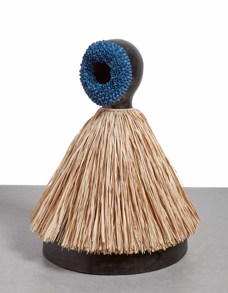 Simone Leigh, No Face (House), 2020. Terracotta, porcelain, ink, epoxy, and raffia, 29 1/2 × 24 × 24 inches (74.9 × 61 × 61 cm). Private collection, Boston. Courtesy the artist and Matthew Marks Gallery. © Simone Leigh.