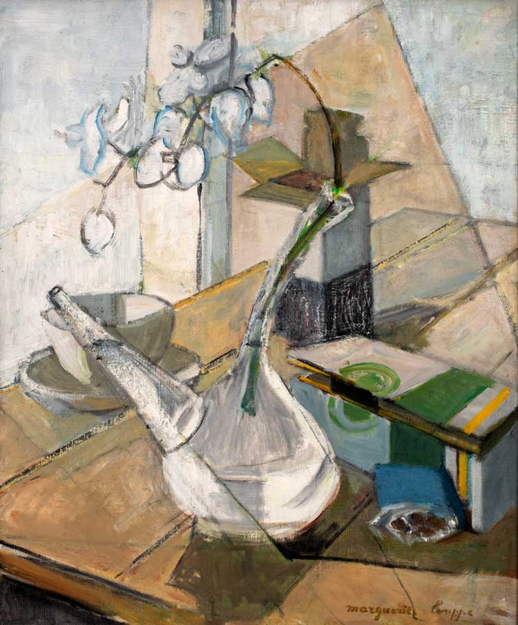 Marguerite Louppe. Carafe et orchidée. Oil on canvas, 25.25 x 21 in (64.1 x 53.3 cm). Image courtesy Rosenberg & Co, New York.