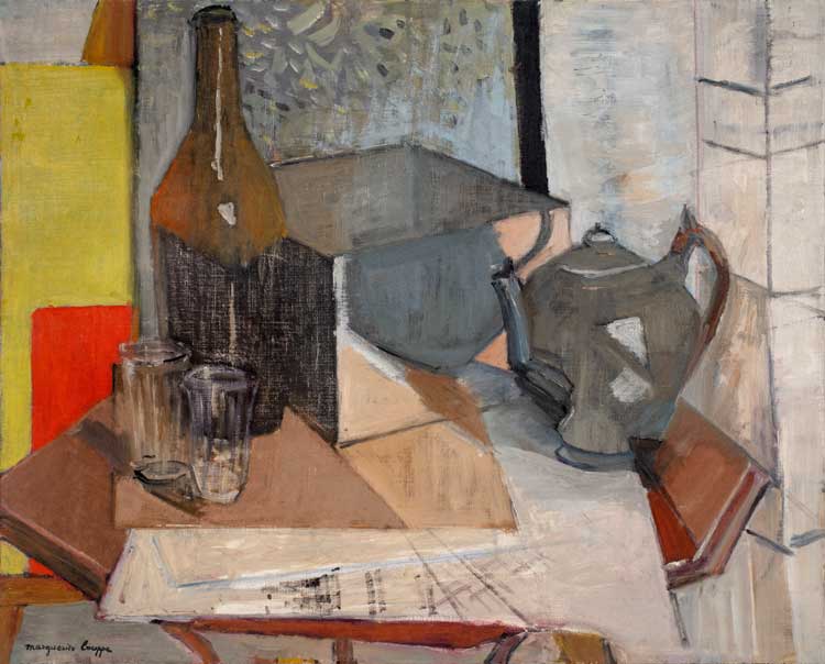 Marguerite Louppe. Nature morte à la théière. Oil on canvas, 25.6. x 31.7 in (65 x 80.5 cm). Image courtesy Rosenberg & Co, New York.