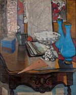 Marguerite Louppe. Compotier et vases bleus. Oil on canvas, 35.75 x 28.38 in (90.8 x 72.1 cm). Image courtesy Rosenberg & Co, New York.