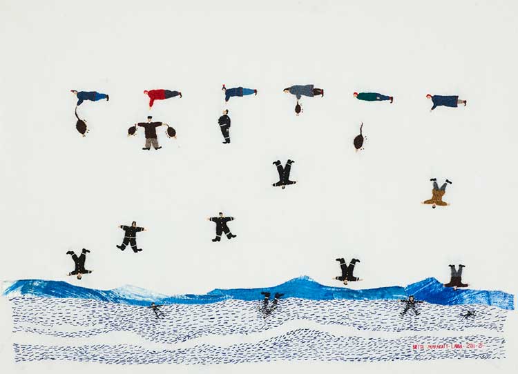 Britta Marakatt-Labba. Girdi noaiddit / Flying Shamans, 2011–21. Embroidery, 60 x 76 cm. Courtesy collection of the artist.