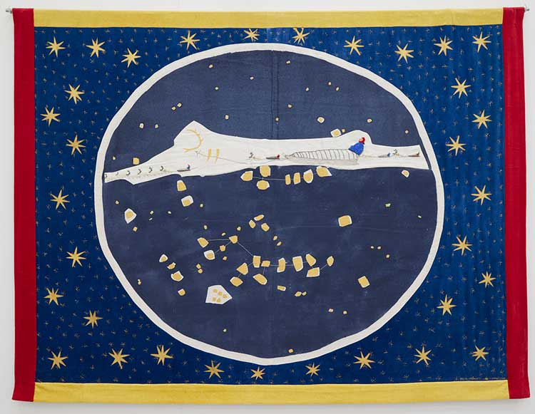 Britta Marakatt-Labba. Dáivvas / Cosmos, 1999-2000. Embroidery.
Installation view, Britta Marakatt-Labba: Under the Vast Sky, (2022).© Ikon Gallery. Photo: Stuart Whipps.