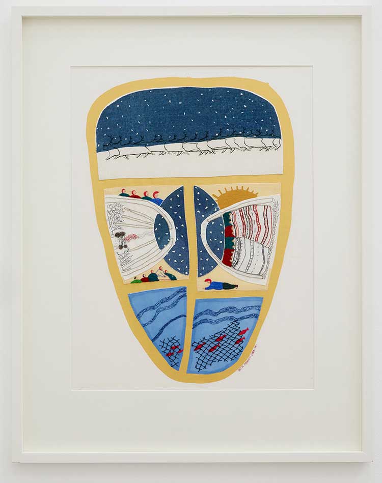 Britta Marakatt-Labba. Niegadeapmi or Drömmandet / Dreaming, 1999. Embroidery. Installation view, Britta Marakatt-Labba: Under the Vast Sky, (2022).© Ikon Gallery. Photo: Stuart Whipps.