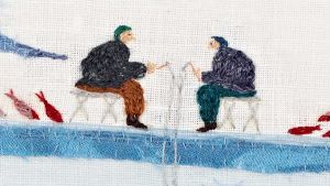 Miniature hand-stitched worlds hide darker themes – climate change, corporate exploitation, right-wing extremism and the constant threat to the way of life of the Indigenous Sámi people of northern Europe