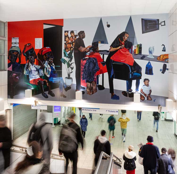 Joy Labinjo, 5 more minutes, 2021. Brixton Underground station. Commissioned by Art on the Underground. Courtesy the artist and Tiwani Contemporary. Photo: Angus Mill, 2021.
