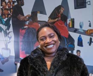 Joy Labinjo at the launch of 5 more minutes, 11 November 2021. Brixton Underground station. Photo: Benedict Johnson, 2021.