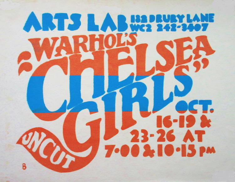 Chelsea Girls poster designed and silkscreened by Biddy Peppin, 1968. Copyright Biddy Peppin, Tate Archive, photo courtesy David Curtis.