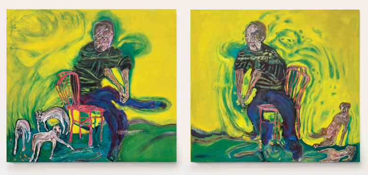 Andrew Litten, Seated Man with Animals (diptych), 2020. Oil on canvas, 180 x 200 cm each. Photo courtesy Anima Mundi and the artist.