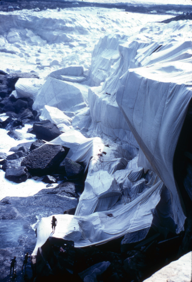 A photo of Kaldor Public Art Project 1: Christo and Jeanne-Claude’s Wrapped Coast – One Million Square Feet taken by art education lecturer Ellen Waugh in 1969. Ellen used her photographs as slides for teaching. These slides were scanned and new colour photographs of the legendary project were discovered last year.