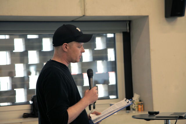 Gerald Mclaverty presenting Frequently Asked Questions at State of the Nation, Museum of Homelessness, Tate Modern, April 2017.
