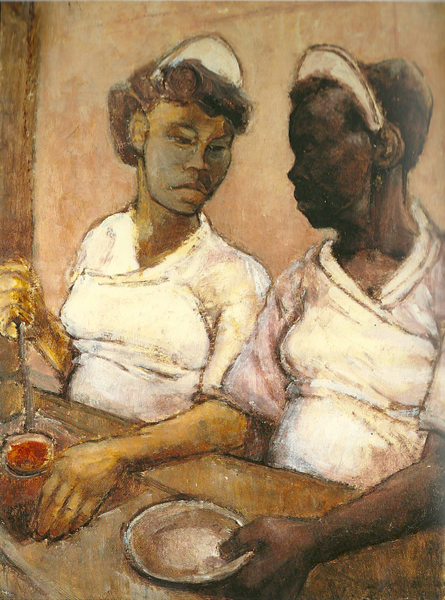 Eva Frankfurther, Afro-Caribbean Waitresses, c1955. Oil on paper, 76 x 55 cm. Ben Uri Gallery & Museum Ltd (Bridgeman Images). © Mrs B. Planskoy