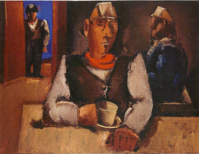 Josef Herman, Miner in the Canteen, c1954. Oil on canvas, 91.4 x 122 cm. Aberdeen Art Gallery and Museums, © The estate of Josef Herman. All Rights Reserved, DACS 2017.