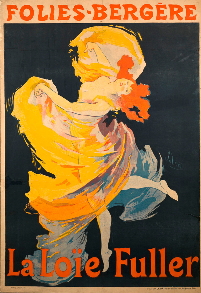 Jules Cheret. La Loie Fuller, 1893. Printer: Chaix (Ateilier Cheret), Paris. Lithograph in red, yellow, dark violet, and black ink on paper, 124 x 84 cm. Collection: The Hunterian, University of Glasgow.