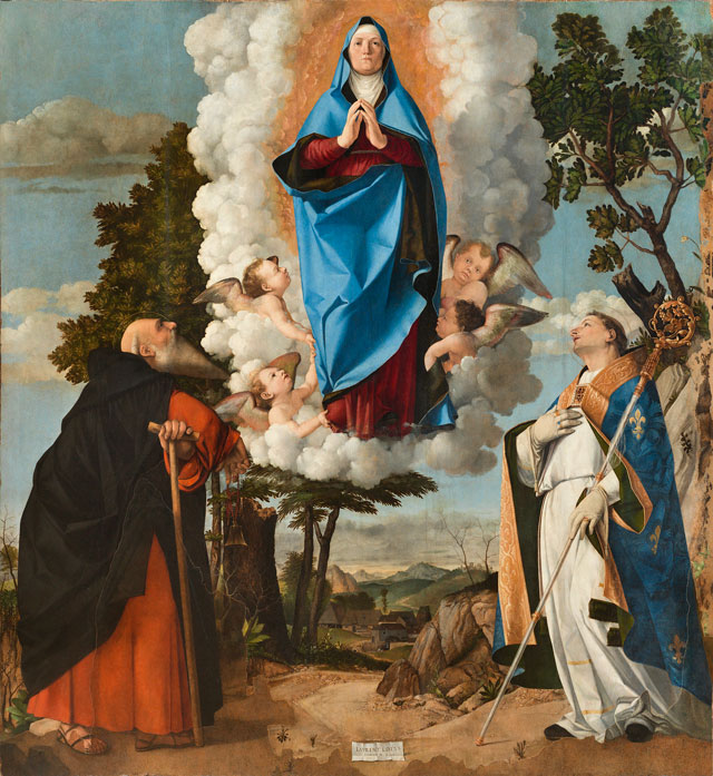 Lorenzo Lotto. The Virgin in Glory with Saints Anthony Abbot and Louis of Toulouse, 1506. Oil on panel, 175 × 165 cm. Duomo di Santa Maria Assunta, Asolo (Treviso-Italia). © Ufficio Diocesano per l’Arte Sacra e i Beni Culturali, Diocesi di Treviso.