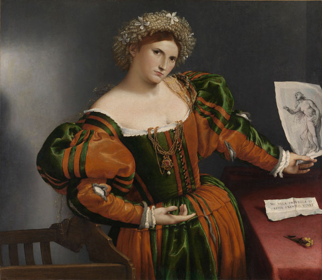 Lorenzo Lotto. Portrait of a Woman inspired by Lucretia, about 1530-3. Oil on canvas, 96.5 x 110.6 cm. The National Gallery, London. Bought with contributions from the Benson family and the Art Fund, 1927. © The National Gallery, London.