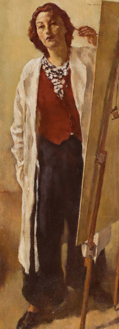 Lotte Laserstein. Self-Portrait at the Easel, 1938. Oil on panel, 127.6 cm x 47 cm. Stiftung Stadtmuseum, Berlin. Erworben mit Unterstützung der Ernst von Siemens-Kunststiftung und des Vereins der Freunde und Förderer des Stadtmuseums Berlin. Photo: Stiftung Stadtmuseum Berlin / Michael Setzpfandt. © VG Bild-Kunst, Bonn 2018.