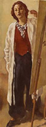 Lotte Laserstein. Self-Portrait at the Easel, 1938. Oil on panel, 127.6 cm x 47 cm. Stiftung Stadtmuseum, Berlin. Erworben mit Unterstützung der Ernst von Siemens-Kunststiftung und des Vereins der Freunde und Förderer des Stadtmuseums Berlin. Photo: Stiftung Stadtmuseum Berlin / Michael Setzpfandt. © VG Bild-Kunst, Bonn 2018.