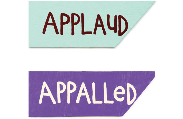 Cary Leibowitz. Applaud  Appalled, 1990-91. Two panels, latex paint on wood, 10 x 27.5 and 8.75 x 25 in. Courtesy of the artist, INVISIBLE-EXPORTS, and the Institute of Contemporary Art at the University of Pennsylvania.