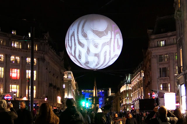 Miguel Chevalier. Origin of the World Bubble 2018. Installation view, Oxford Circus, Lumiere London 2018. Photograph: Martin Kennedy.