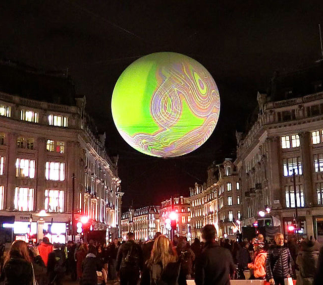 Miguel Chevalier. Origin of the World Bubble 2018. Installation view, Oxford Circus, Lumiere London 2018. Photograph: Martin Kennedy.