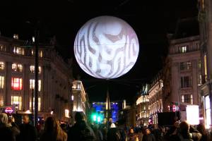 Miguel Chevalier. Origin of the World Bubble 2018. Installation view, Oxford Circus, Lumiere London 2018. Photograph: Martin Kennedy.