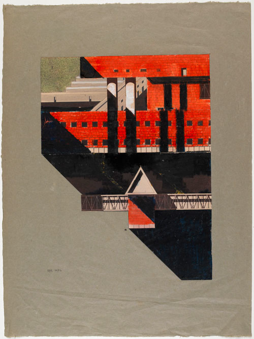 Aldo Rossi. <i>Nero, bianco, rosso</i>, 1972. Composition avec des éléments empruntés au cimetière de Modène, à l’immeuble du Gallaratese à Milan et à la mairie de Scandicci. Collage, duplicata, pastels et gouache sur papier -  64 x 47.5 cm. Achat, 1992. Centre Pompidou, Musée national d'art moderne. Photograph: Philippe Migeat/Georges Meguerditchian. Centre Pompidou, MNAM-CCI /Dist.RMN-GP. © Eredi Aldo Rossi. Courtesy Fondazione Aldo Rossi.