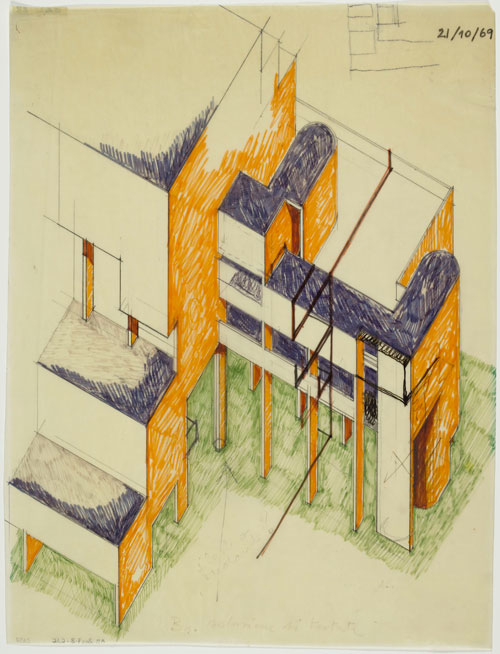 Carlo Aymonino. <i>Unité d’habitation Monte Amiata, quartier Gallaratese, Milan, Lombardie, 1967-1974</i>. Projet réalisé en collaboration avec M. Aymonino, A. De Rossi et S. Messarè. Axonométrie. 44 x 34 cm. Mine de plomb et feutres de couleur sur calque. Achat, 2007. Centre Pompidou, Musée national d'art moderne.
Photograph: Philippe Migeat/Georges Meguerditchian. Centre Pompidou, MNAM-CCI /Dist.RMN-GP.