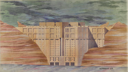 GRAU. Paola Chiatante, Aldo Coacci, Gabriella Colucci, Roberto Mariotti et Franco Pierluisi, <i>Cimetière de Nice (version 2), Alpes-Maritimes</i>, 1983. Projet partiellement réalisé, en collaboration avec X. Marguerita. Façade. Pastel et aérographe sur calque. 64 x 107 cm
Achat, 2010. Centre Pompidou, Musée national d’art moderne. Photograph: Philippe Migeat/Georges Meguerditchian. Centre Pompidou, MNAM-CCI /Dist.RMN-GP.