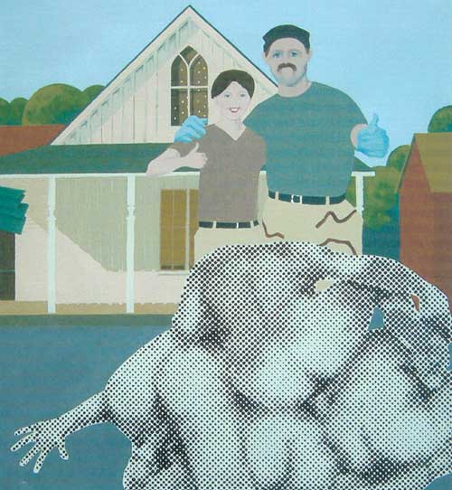 Gerald Laing, <i>American Gothic</i> 2004. Oil on canvas 36 x 32 inches. 
        Bourne Fine Art