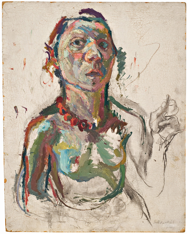 Maria Lassnig. Expressive Self-Portrait, 1945. Oil paint and charcoal on fibreboard, 60 x 48 cm. © Maria Lassnig Foundation.