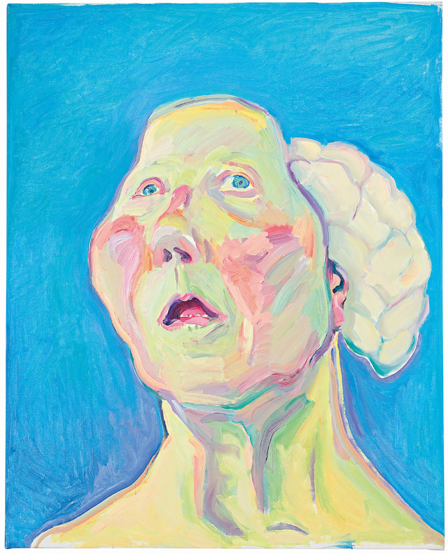 Maria Lassnig. Lady with Brain, c1990. Oil paint on canvas, 125 x 100 cm. © Maria Lassnig Foundation.