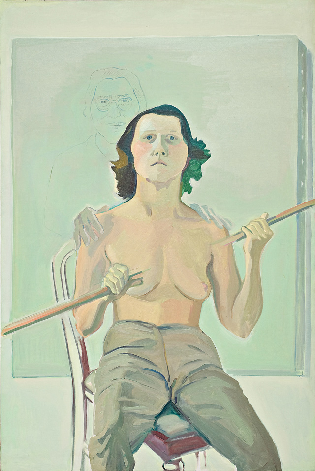 Maria Lassnig. Self-Portrait with Stick, 1971. Oil paint and charcoal on canvas, 193 x 129 cm. © Maria Lassnig Foundation.