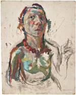 Maria Lassnig. Expressive Self-Portrait, 1945. Oil paint and charcoal on fibreboard, 60 x 48 cm. © Maria Lassnig Foundation.