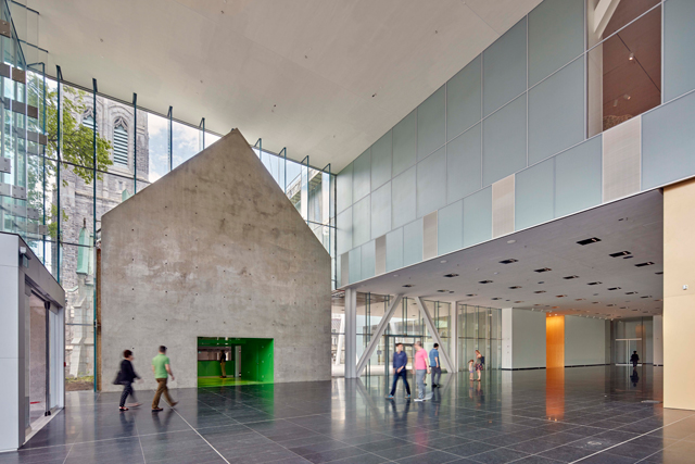 Pierre Lassonde Pavilion, Musée National des Beaux-Arts du Québec. Interior view of the lobby. Photograph: Bruce Damonte. © OMA.