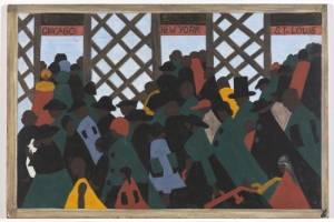 Jacob Lawrence. The Migration Series. 1940-41. Panel 1: During the World War there was a great migration North by Southern Negroes. Casein tempera on hardboard, 18 x 12 in (45.7 x 30.5 cm). The Phillips Collection, Washington D.C. Acquired 1942. © 2015 The Jacob and Gwendolyn Knight Lawrence Foundation, Seattle / Artists Rights Society (ARS), New York. Photograph courtesy The Phillips Collection, Washington D.C.