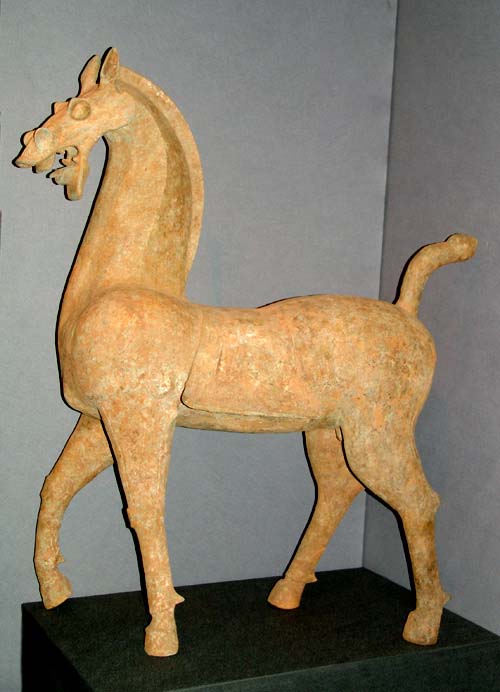 Large unglazed terracotta painted figure of a walking horse. Eastern Han Dynasty (25–220 A.D.). Sichuan Province H. 43 1/4