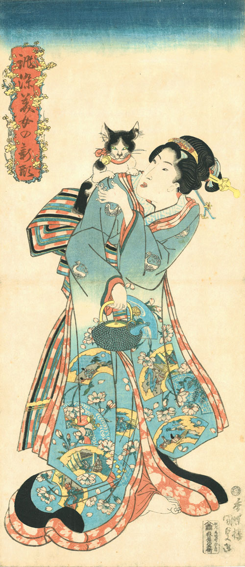 Utagawa Kunisada (1786–1864), Cat and Beauty from the series Beauties in New Styles Dyed to Order, 1818–30. Colour woodblock print; 36 7/8 x 22 3/8 in. Courtesy Hiraki Ukiyo-e Foundation.