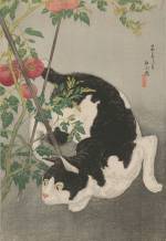 Takahashi Hiroaki (Shōtei) (1871–1945), Cat Prowling Around a Staked Tomato Plant, 1931. Colour woodblock print; 29 ½ x 23 ¼ in. Courtesy Private Collection, New York and Tokyo.