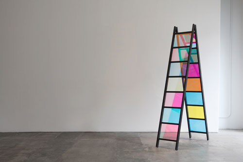 Stephen Dean. A Frame, 2013. Aluminium structure and dichroic glass, (14 panels of 11 1/4 x 14 3/4 in)
92 x 56 x 17 in.