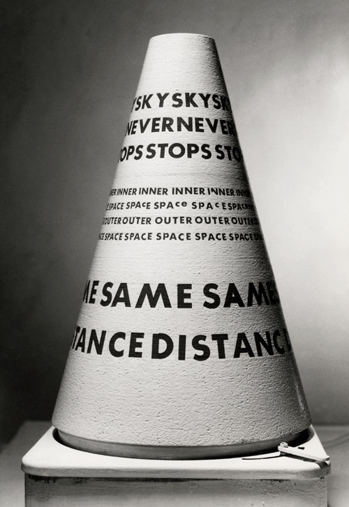 Liliane Lijn. Sky Never Stops Poemcon, 1965. Letraset on painted truncated cork cone, motorised turntable, 41 x 24 x 24 cm. Poem by Leonard D. Marshall. Coll. National Art Library, V&A Museum. Photograph: Herve Gluagen.