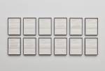 Peter Liversidge. Proposals for the Sean Kelly Gallery, 2016. A unique set of twelve framed typewritten proposals, paper: 11 3/4 x 8 1/4 in (29.8 x 21 cm) each; overall: 26 1/2 x 67 in (67.3 x 170.2 cm). © Peter Liversidge. Photograph: Jason Wyche, New York. Courtesy: Sean Kelly, New York.