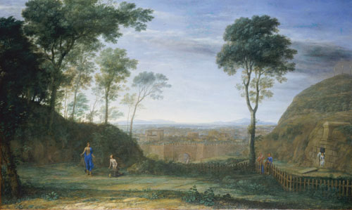 Claude Lorrain. <em>Landscape with Christ appearing to Mary Magdelene (Noli me tangere),</em> 1681. Oil on canvas, 84.5 x 141 cm. 

        Signed bottom left: <em> CLAVDIO
I.V.F. ROMAE 168[1] </em>(the last digit is indistinct).

© Kunsthalle, Hamburg.