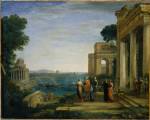 Claude Lorrain. <em>Dido and Aeneas at Carthage,</em> 1676. Oil on canvas, 120 x 149.2 cm. 
Signed on a stone
at bottom centre: <em>AENEAS ET DIDO CLAVDIO
I.V.F. [