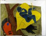 MF Husain. Untitled - A New Born Child Held Gently by a Falling Leaf, 2005. Oil on Canvas 6 x 7.5 ft.