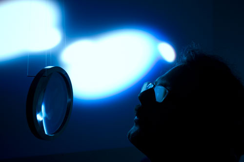 Rafael Lozano-Hemmer with the Semioptics for Spinoza, Shadow object 4 (2012). Photograph: Antimodular Research.