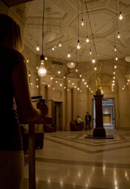 Rafael Lozano-Hemmer. Pulse Room, 2006. Shown at Musée des Beaux-Arts du Québec, Quebec City, Québec, Canada, 2008. Photograph: Antimodular Research.