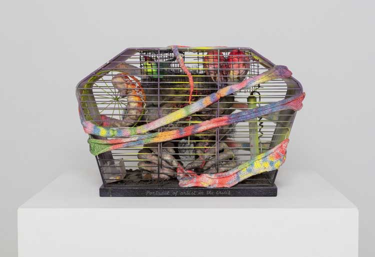 Tetsumi Kudo, Portrait of Artist in the Crisis, 1978. Cage, woollen yarn, temperature gauge, knitting needles, wood, 30 x 45.5 x 22 cm (11 3/4 x 17 7/8 x 8 5/8 in). Photo: Timothy Doyon.