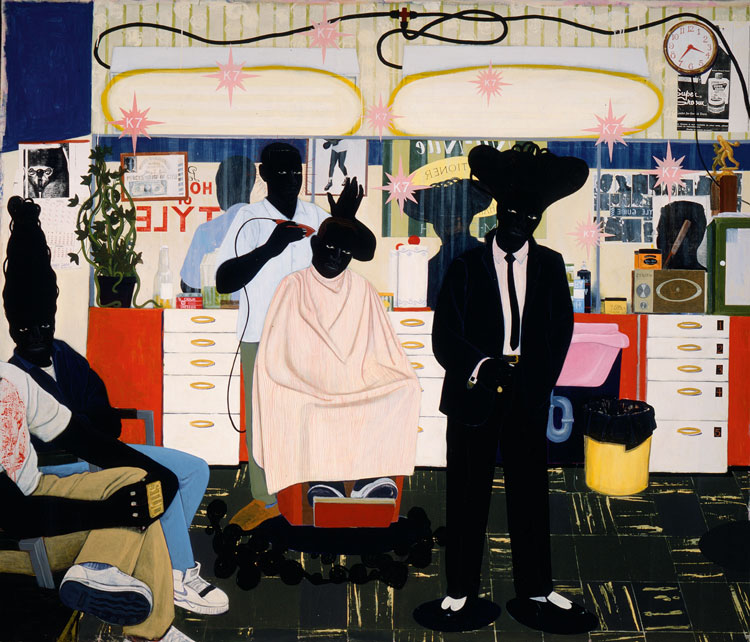Kerry James Marshall, De Style, 1993. Acrylic and collage on canvas, 264.2 x 309.9 cm. Los Angeles County Museum of Art, Purchased with funds provided by Ruth and Jacob Bloom. © Kerry James Marshall. Photo: © Museum Associates / LACMA.