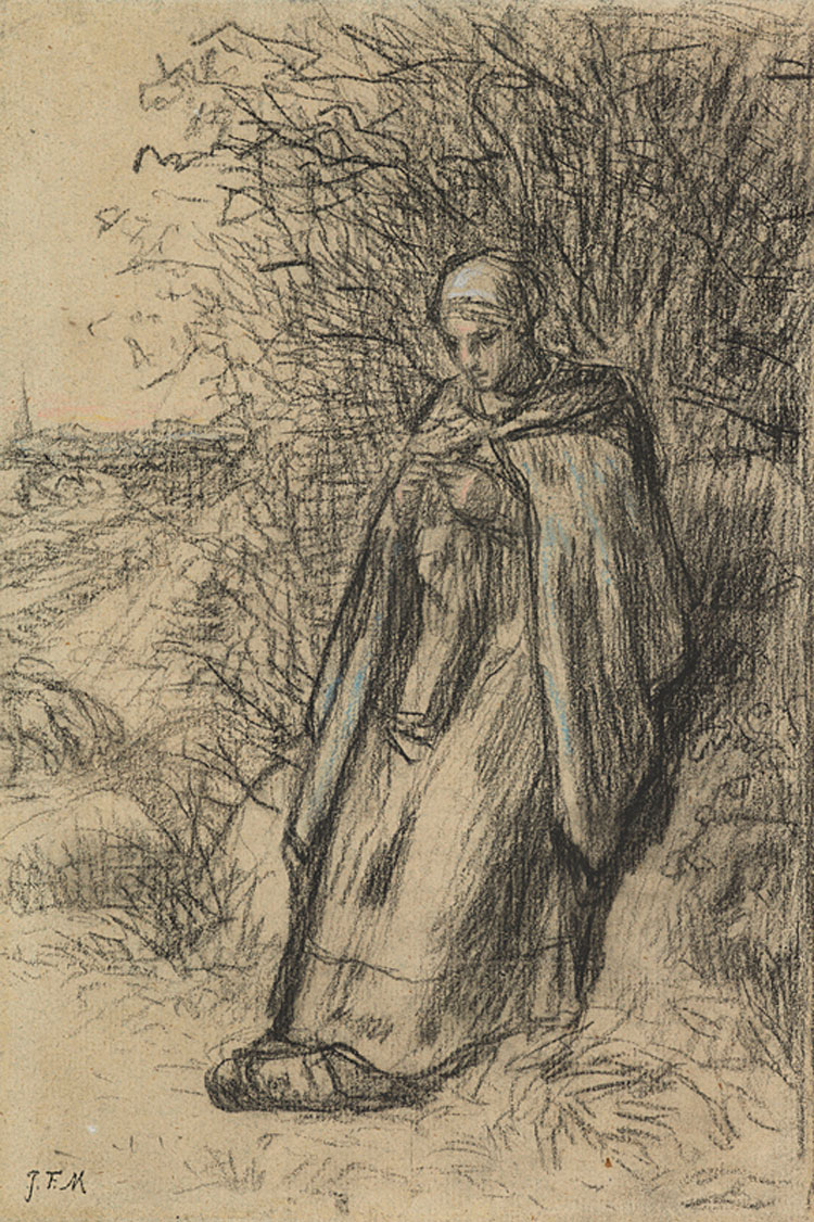 Jean-François Millet, A Shepherdess, about 1856. Black chalk with touches of blue chalk on pale buff paper, 22.8 x 15.1 cm. National Gallery of Scotland. Mr A.E. Anderson Gift 1929. © National Galleries of Scotland.