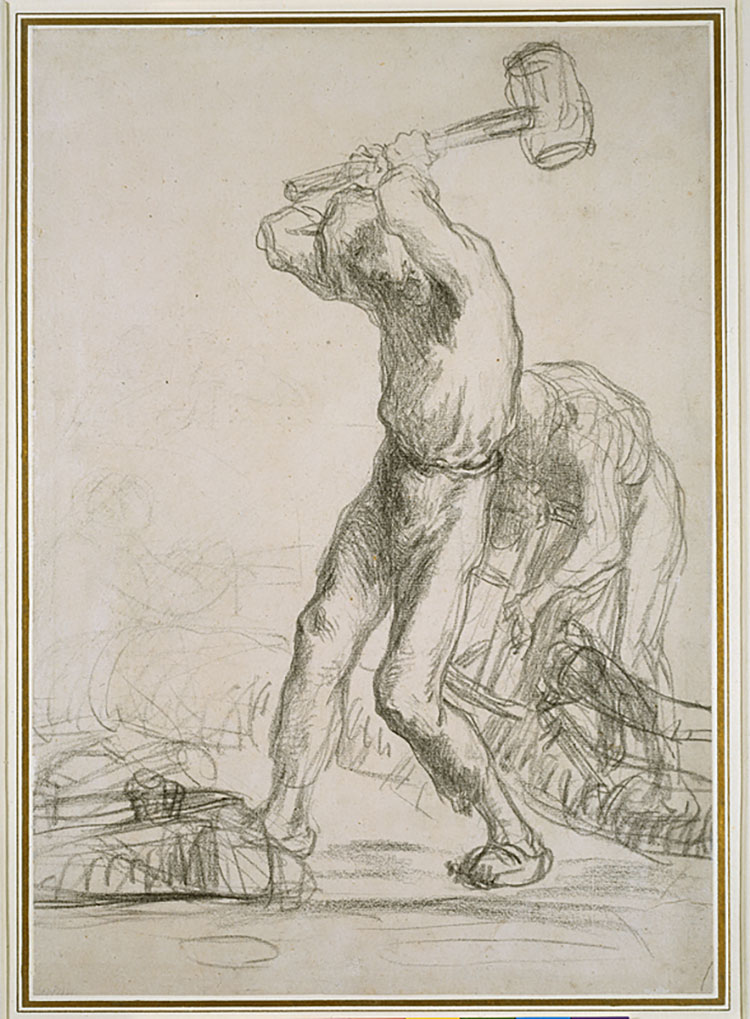 Jean-François Millet, Two Peasants sawing and splitting wood, about 1850-51. Chalk on paper, 39.8 x 27.9 cm. The Ashmolean Museum, University of Oxford. Bequeathed by Percy Moore Turner, 1951. Image © Ashmolean Museum, University of Oxford.
